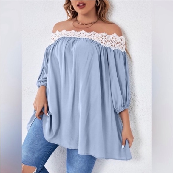 boutique Tops - Blue and White Off-Shoulder 3/4 Sleeve Blouse
